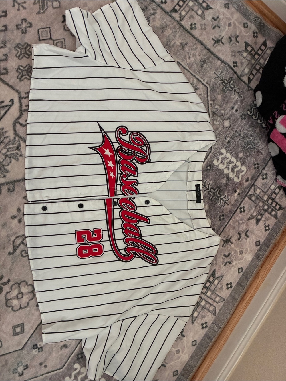 Striped Baseball Jersey Crop Top with Red Graphic